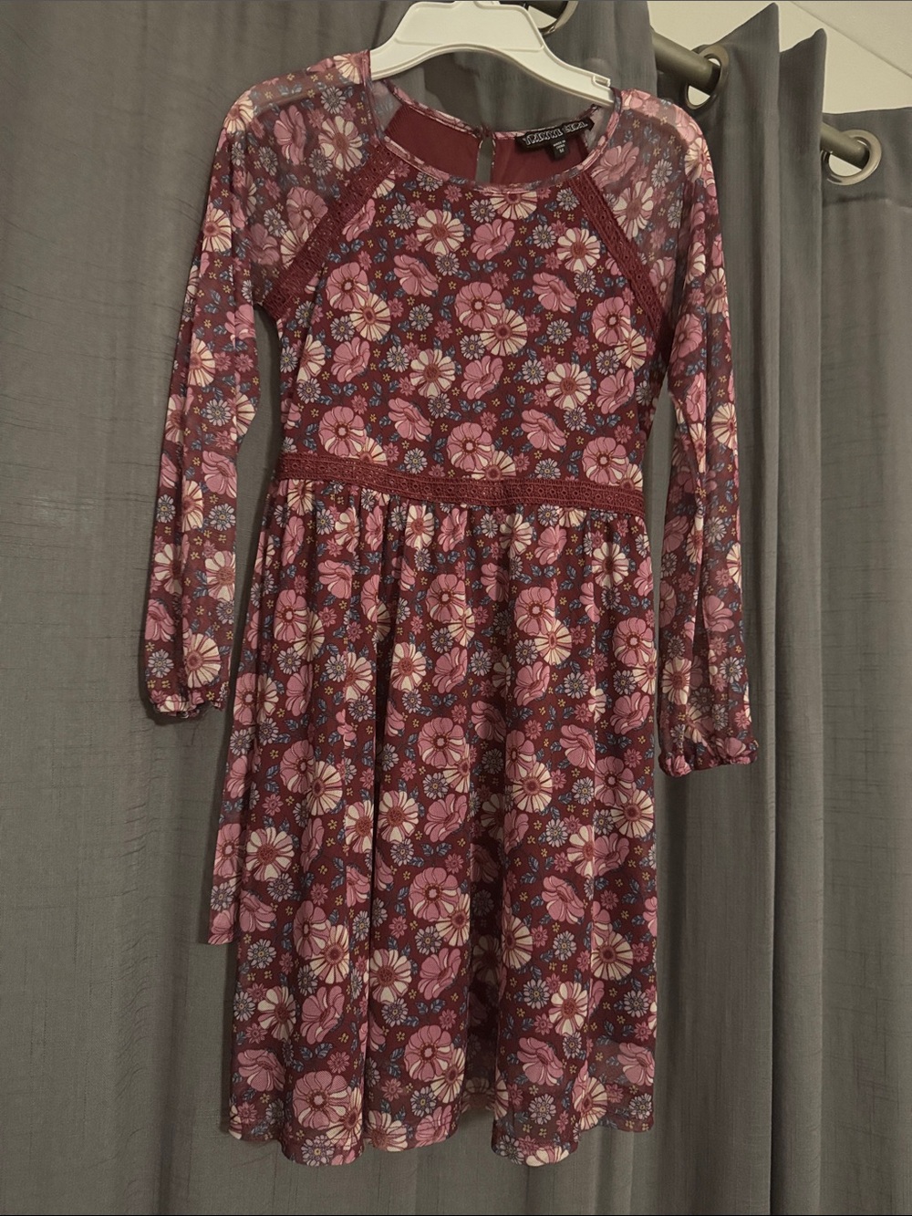 Floral Maroon Long-Sleeve Knit Dress for Girls